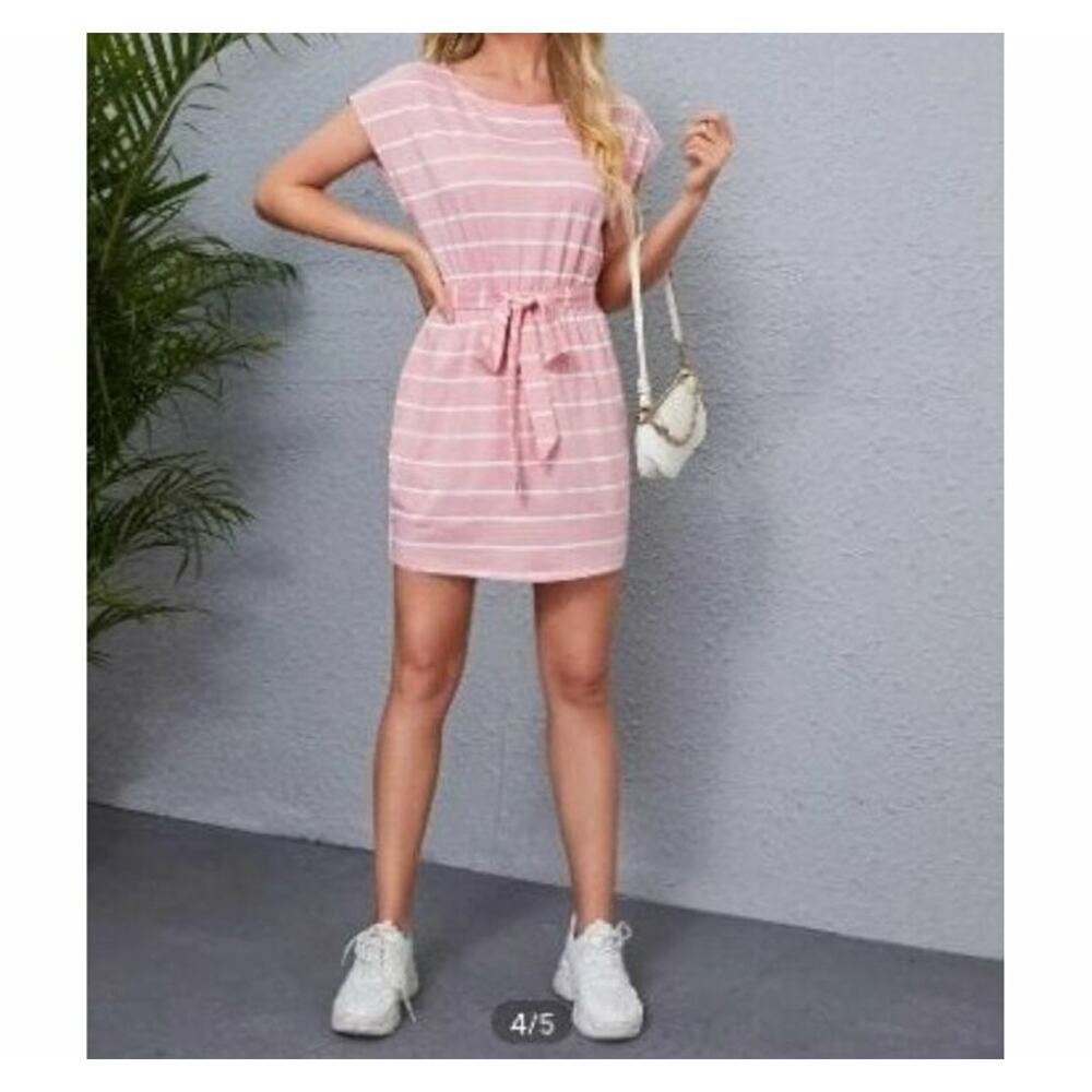 Shein Emery Rose Pink White Striped Dress Sz XL Ribbed Batwing Casual New